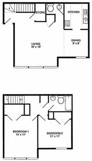 B1 - Two Bedroom / One and 1/2 Bath - 1,008 Sq. Ft.*
