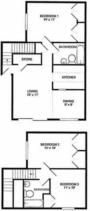 C1 - Three Bedroom / Two Bath - 1,225 Sq. Ft.*